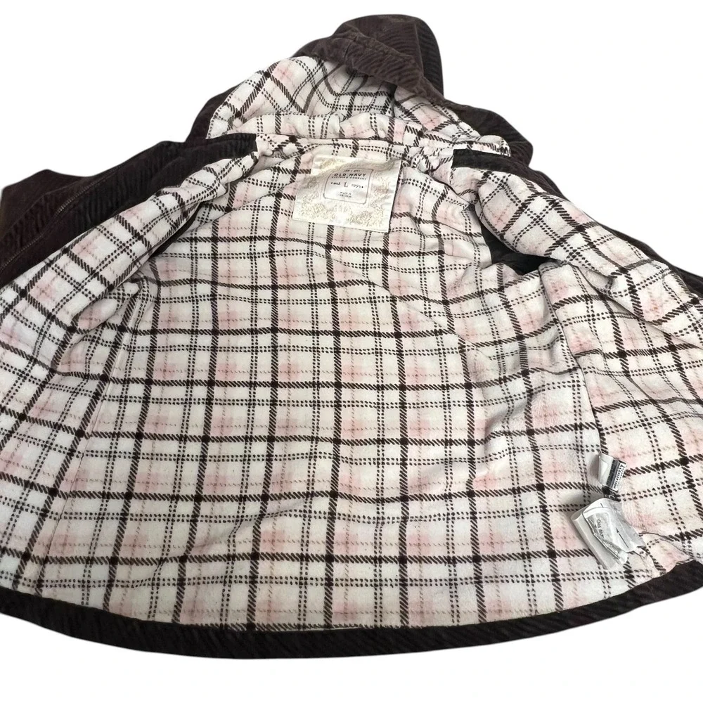 Old Navy Kids Brown Corduroy‎ Toggle Duffle Coat Hooded Plaid Fleece Lined Large
